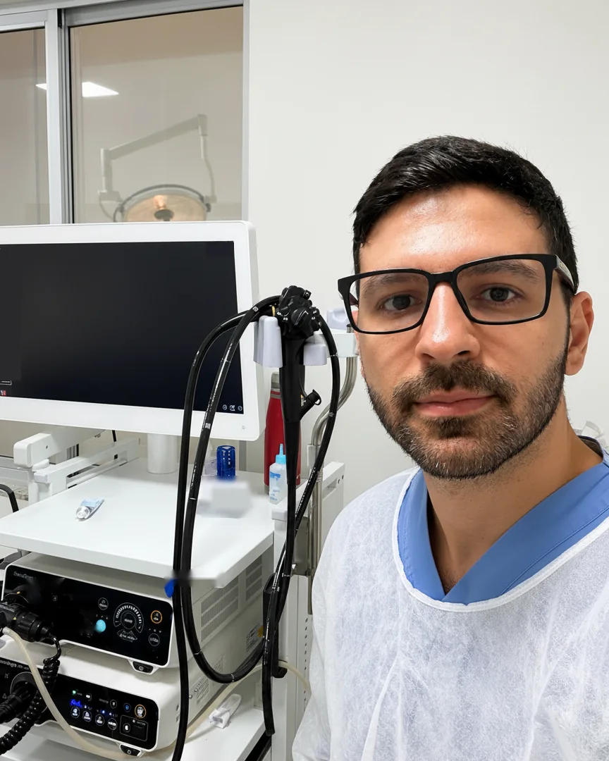 Dr. Henrique Moura ao lado da torre de colonoscopia, com o monitor e o colonoscópio
