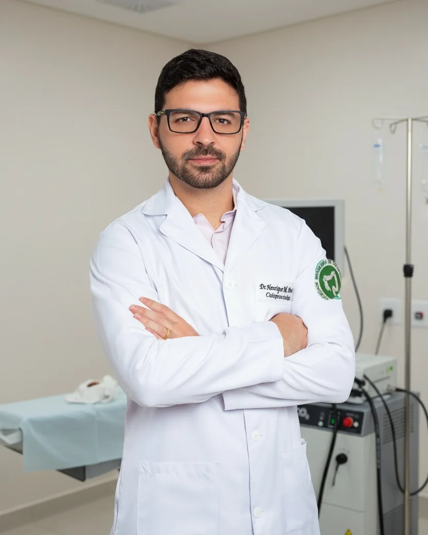 Dr. Henrique Moura de jaleco, braços cruzados, em sala de procedimentos com maca e equipamento de laser ao fundo